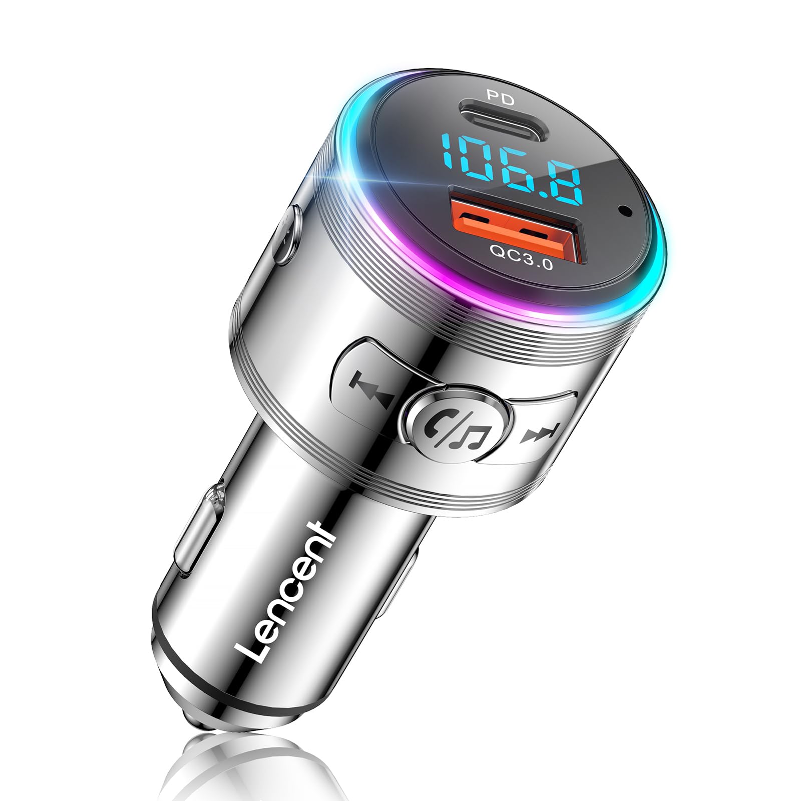 LENCENT Car Bluetooth FM Transmitter, Bluetooth 5.3 Car Adapter, All Metal, PD 30W & QC 3.0 18W Fast Charging, Wireless Radio Transmitter Noise Cancelling Hands-Free Call with 7 Colors LED Lights
