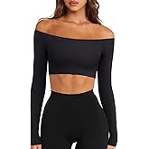 LASLULU Womens Off The Shoulder Tops Seamless Long Sleeve Workout Crop Top Sexy Gym Yoga Going Out Tops Shirts