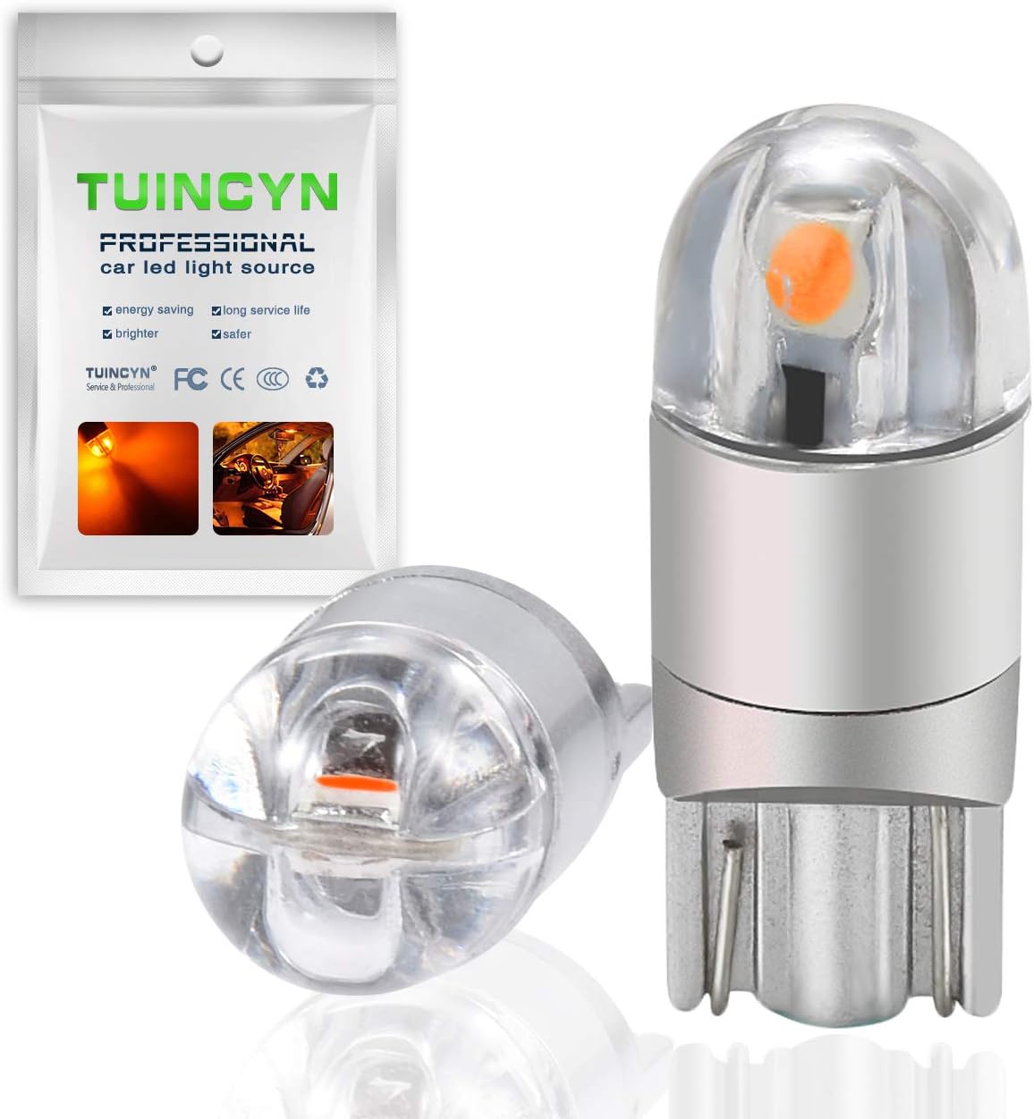 TUINCYN T10 194 168 LED Bulb Amber Yellow Super Bright 2825 W5W 175 158 Socket 2SMD 3030 Chipsets Car Interior Light Map Dome Lamp Courtesy Trunk License Plate Dashboard Parking Light, 12V-24V(2pcs)