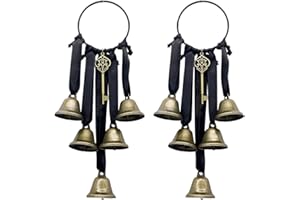 Witch Bells for Door Knob Protection, Gothic Style Wind Chimes with 5 Vintage Bronze Bells & Skeleton Key, Black Ribbon Door 