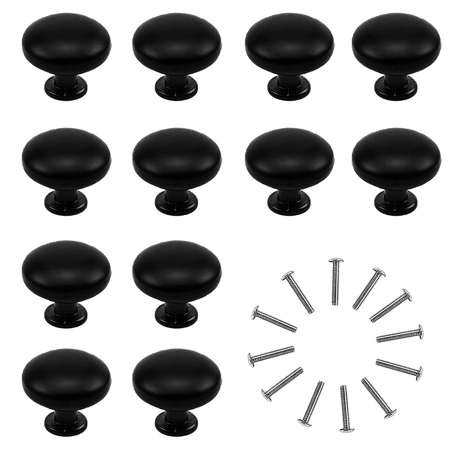 OUBTDK 12Pcs Black Drawer Knobs Kitchen Cabinet Knobs Round Mushroom Handles Pulls Cupboard Door Knobs Aluminum Alloy Drawer Handles with 12Pcs Screws for Wardrobe Cupboard Furniture Bedroom 28 mm