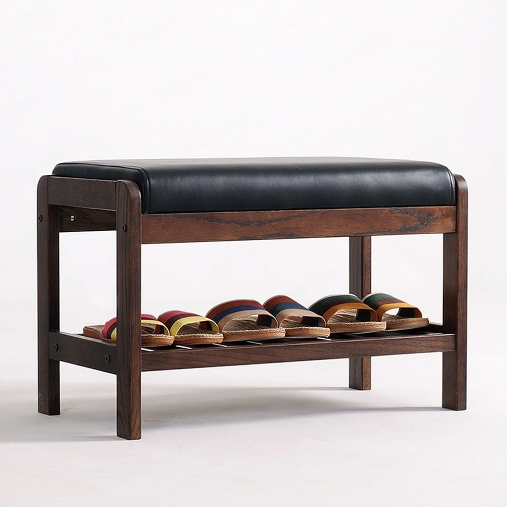 Solid Oak Wood Shoe Bench With Black Imitation Leather Cushion And Storage Shelf, Shoe Rack Organizer Entryway/hallway/bedroom, Espresso Finish (Size : Medium)