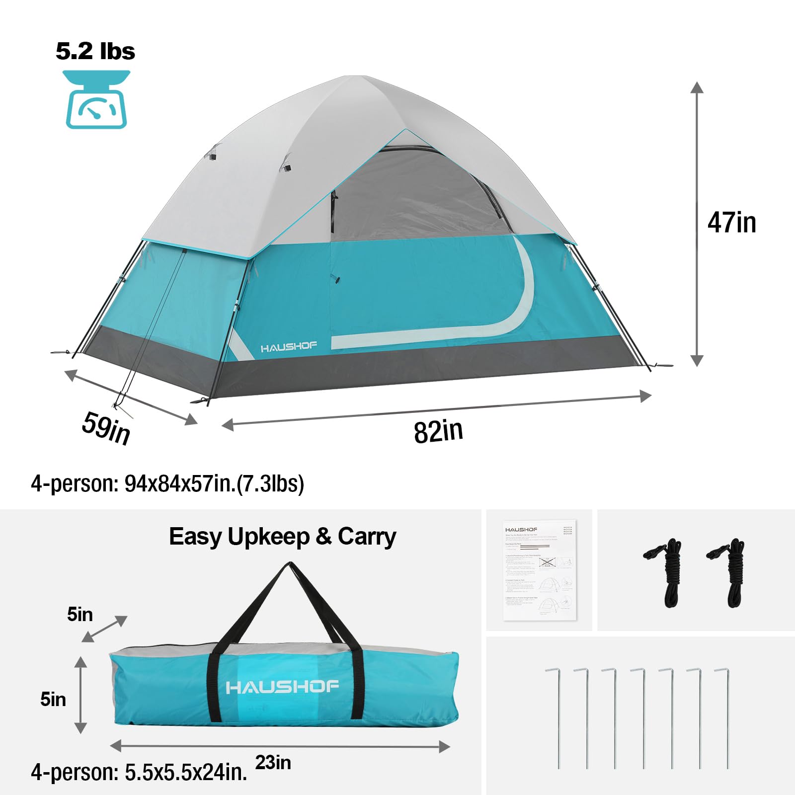 HAUSHOF 2/4-Person Family Dome Tent with Removable Rain-Fly, Easy Set Up Portable Camping Tent for Backpacking Hiking Backyard Outdoor, Green/Blue/2-person/4-person