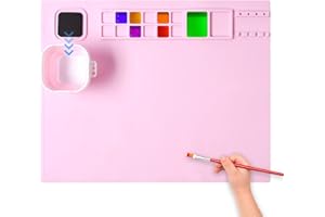 AWOKE Silicone Painting Mat - 20"X16" Silicone Art Mat with 1 Water Cup for Kids - Silcone Craft Mat has12 Color Dividers - 2 Paint Dividers (Pink)