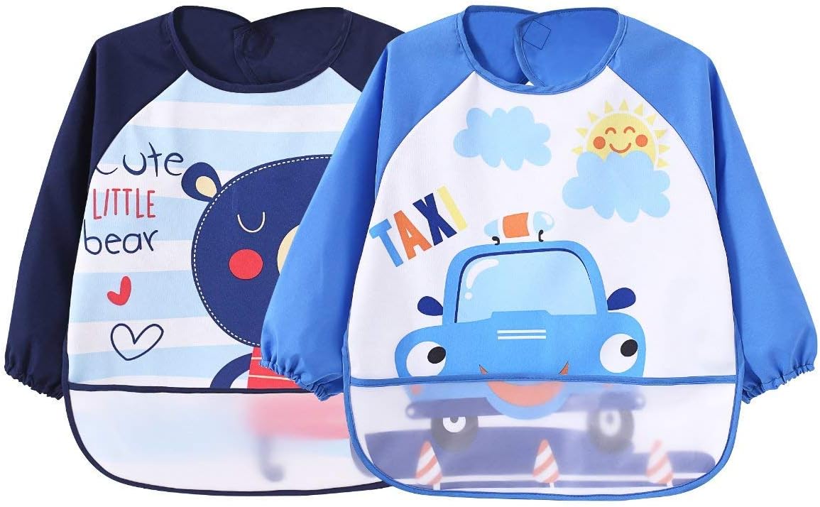 HaimoBurg 2 Pcs Long Sleeved Bib Waterproof Bibs for Babies Toddlers with Pocket 9-36 Months (2pcs D)