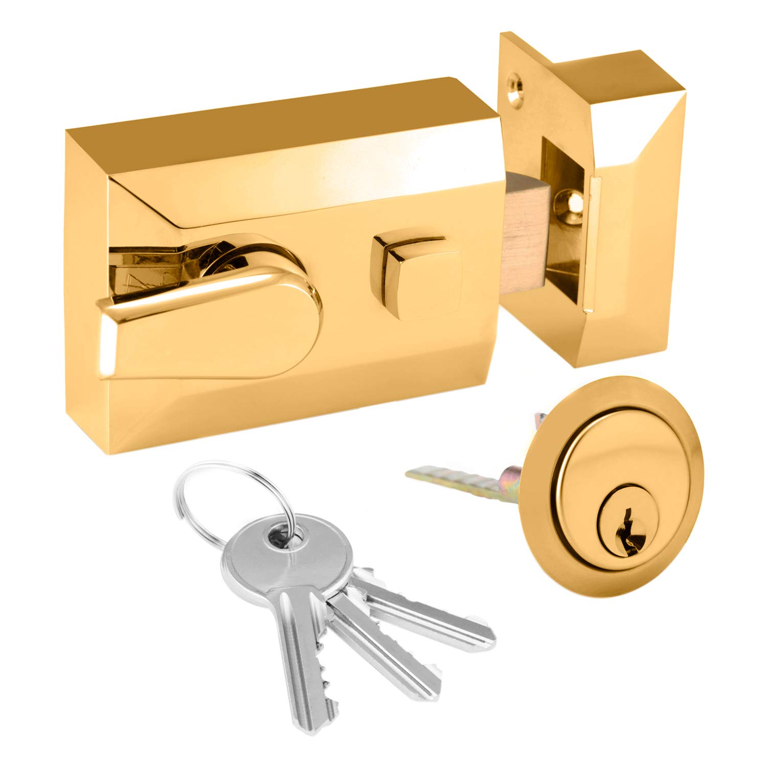 XFORT® Standard Deadlocking Night Latch 60mm, Complete with Rim Cylinder and 3 Keys, Elegant Polished Brass Nightlatch, External Door Lock for Front Door, High Security for Your Home or Workplace — image 1