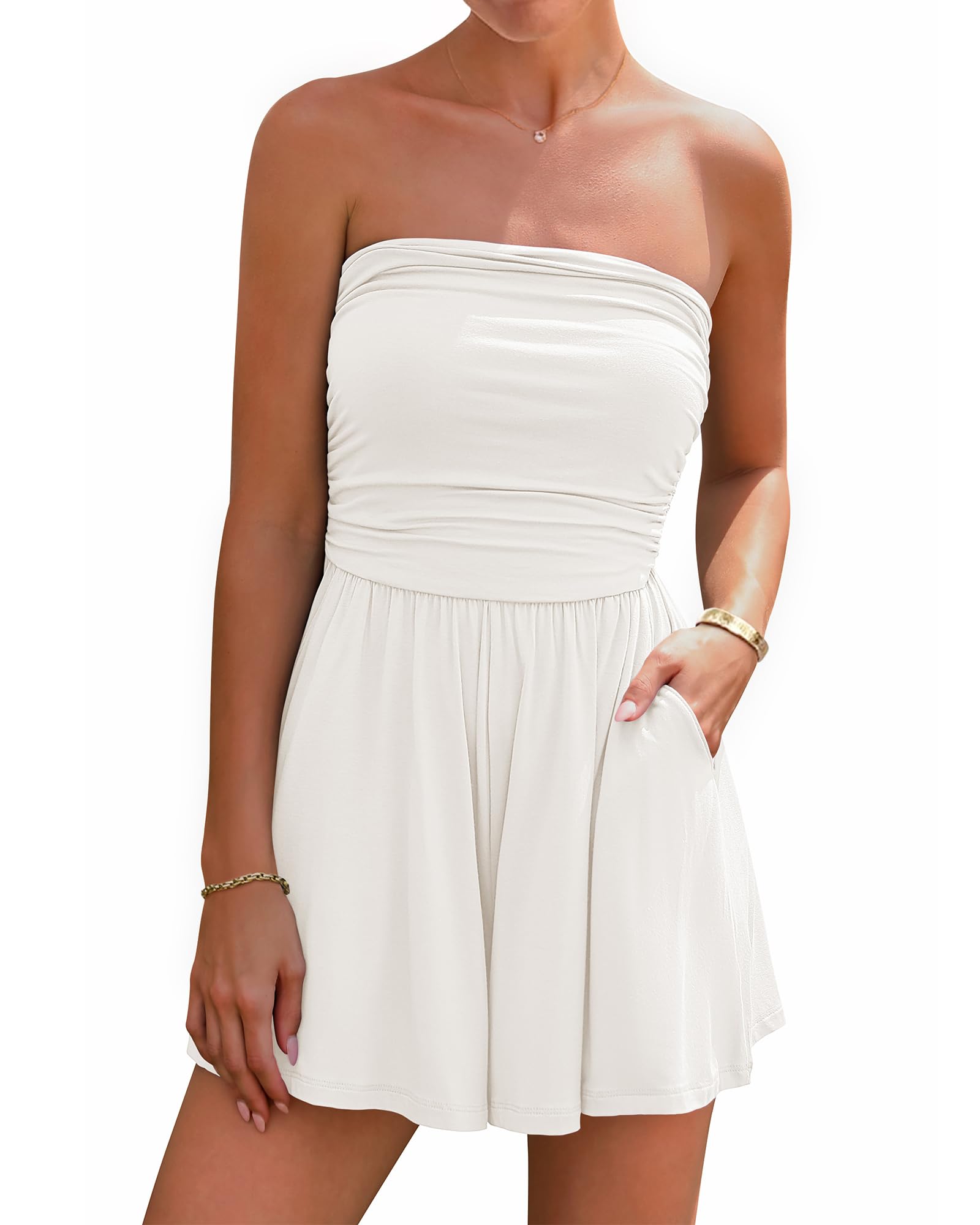 Photo 1 of BTFBM Womens Romper 2026 Spring Summer Strapless Tube Tops Beach Vacation Clothes Boho Loose Shorts Jumpsuits Pockets(White, Medium)