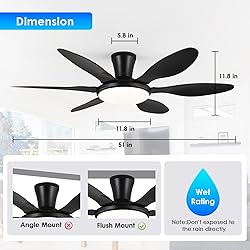 Ceiling Fans with Lights, 51 inch Modern Black Low