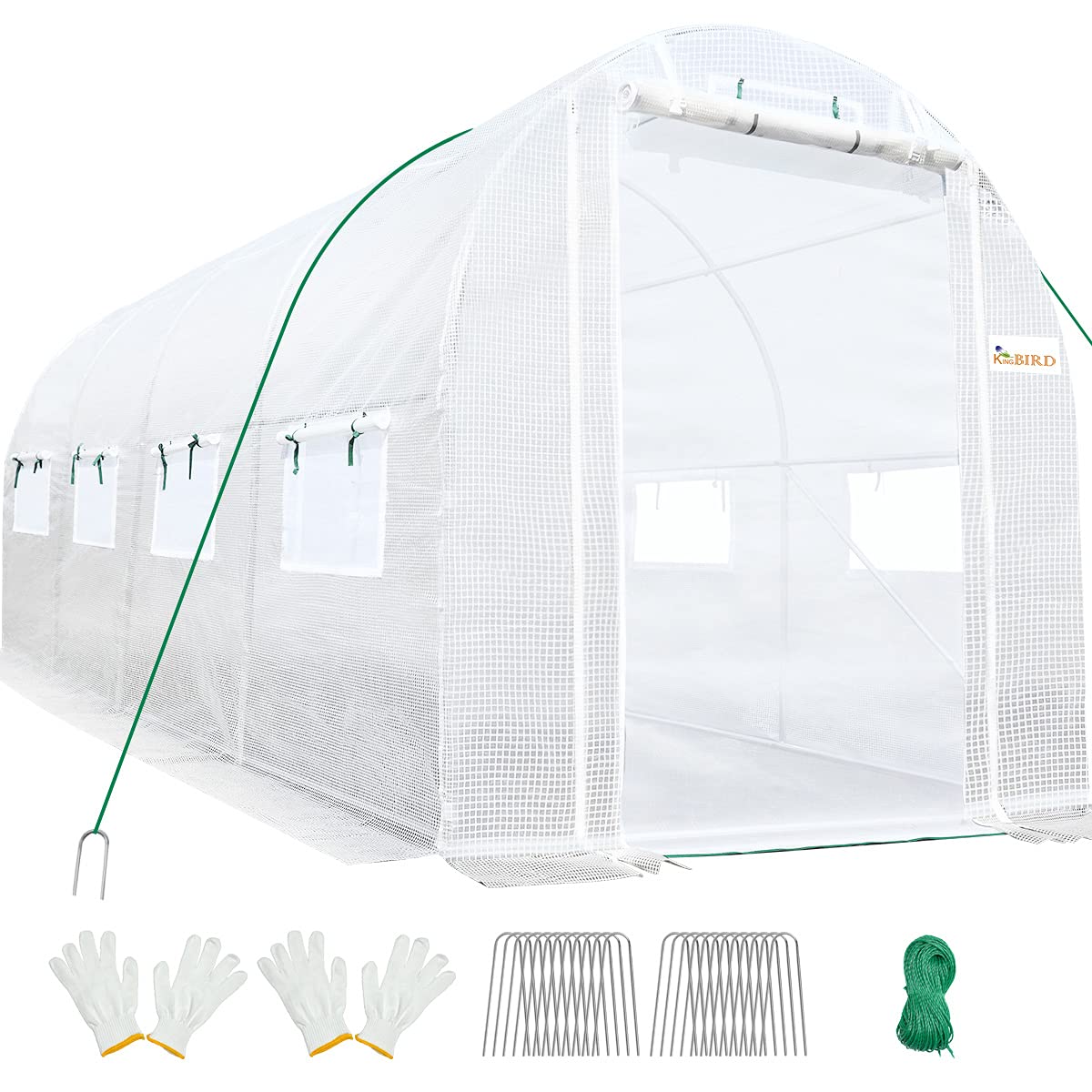 KING BIRD 15x6.6x6.6FT Upgraded Large Walk-in Greenhouse Heavy Duty Galvanized Steel Frame 2 Zippered Screen Doors 8 Screen Windows Tunnel Garden Plant Hot Green House 20 Stakes 4 Ropes 2 Gloves White