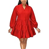 ENOPINK Womens Dresses Long Sleeve V Neck Casual A Line Flowy Swing Shirt Dress Mini Dress