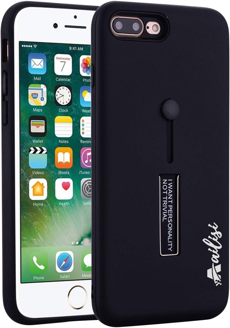 iPhone 7 Plus/8 Plus Case, Ailisi Slim Shockproof Protective Phone Case, Dual Layer Protection Cover with Multifunctional Silicone Elastic Finger Ring Strap and Metal Holder Kickstand(Black)