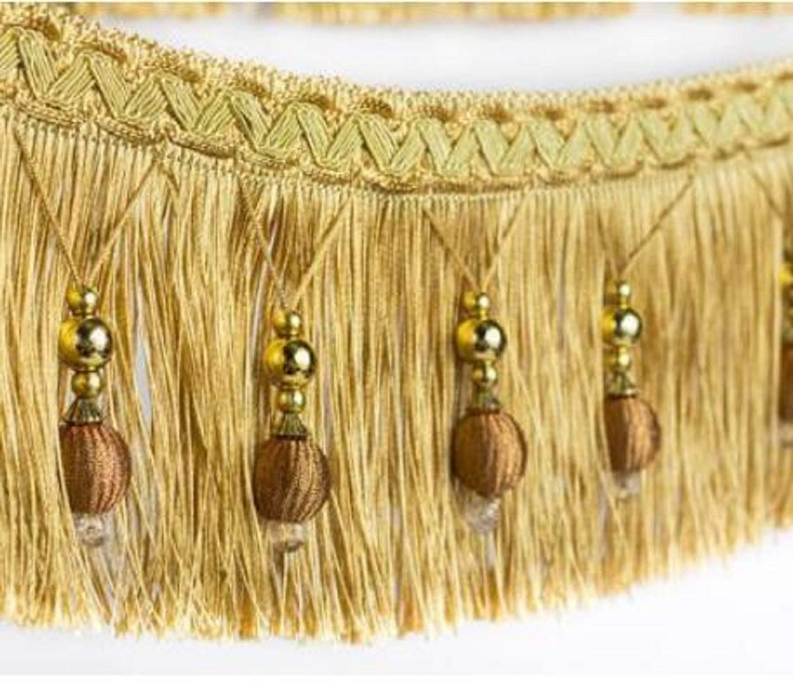 Yalulu 4 Yards European Type Braided Beads Hanging Ball Tassel Fringing Trimmings Fringe Trim Ribbon Band for Curtain Table Home Accessories DIY Decoration (Gold)