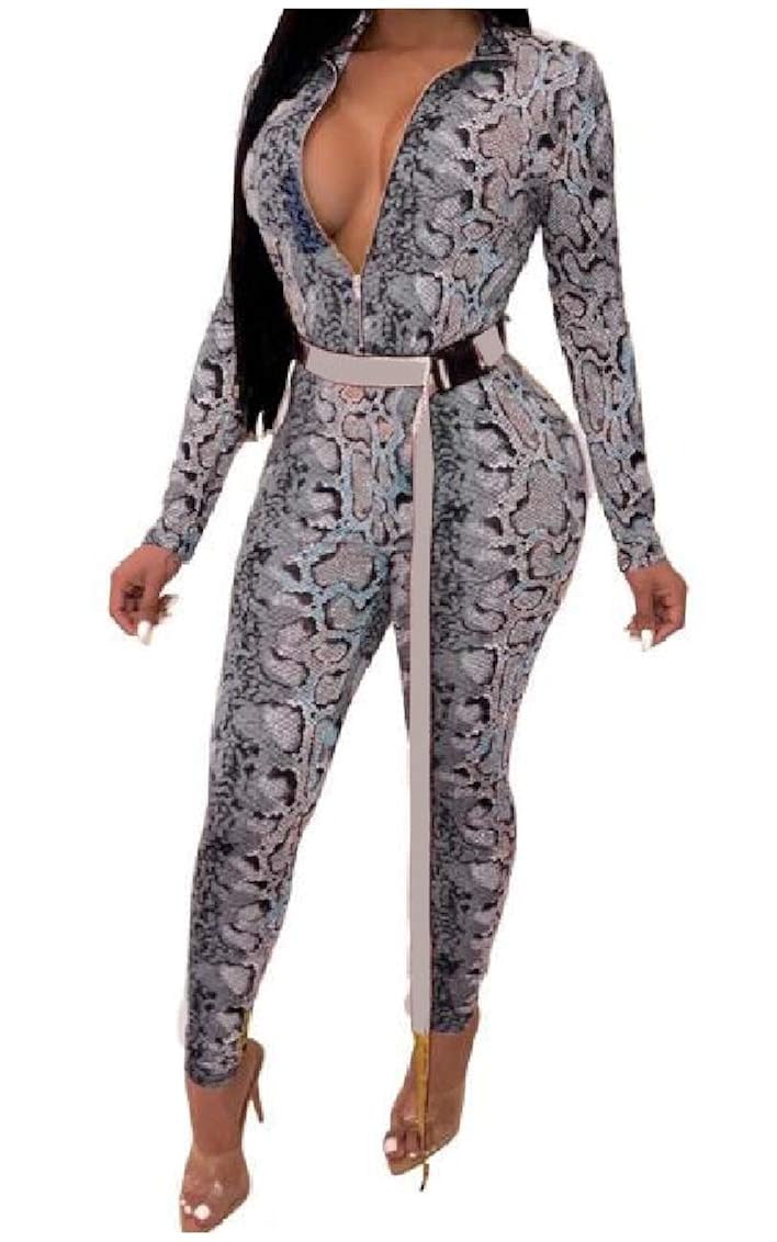 Outlet Store Highisa Women S Zipper V Neck Long Sleeve Silm Patterned Empire Waist Jumpsuits Clothing Team Promotions Fatsrestaurants Com