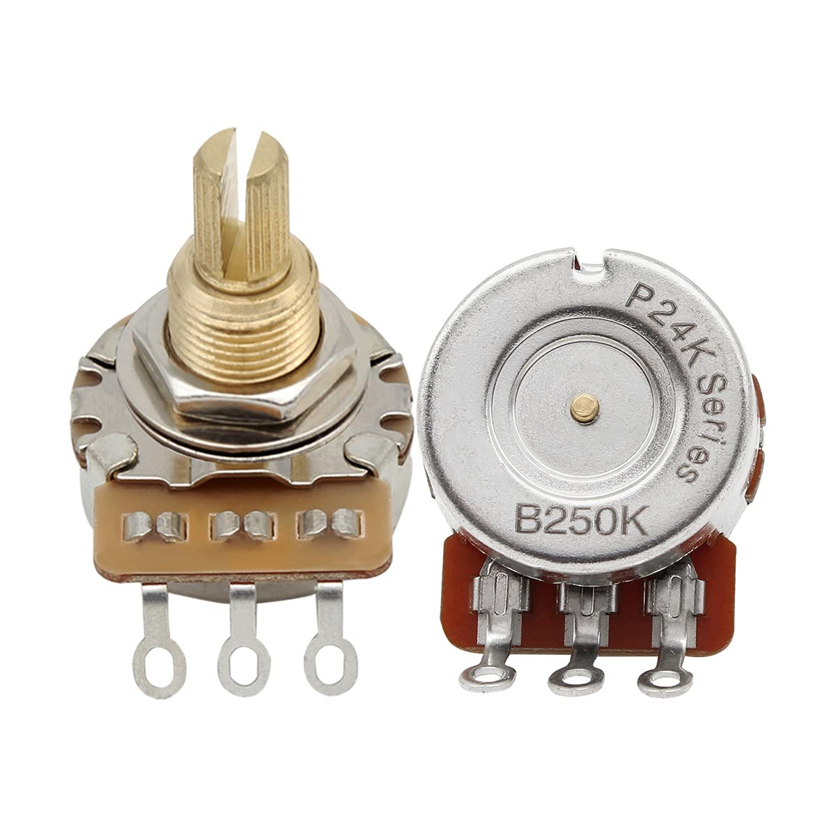 FLEOR Long Brass Shaft Control Pots B250K Linear Taper Potentiometers 24 Spline Split Shaft D3/8" for Electric Guitar Control Volume Tone, Pack of 2