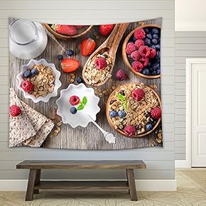 Breakfast with Muesli, Berries, Crisp Bread and Yogurt - Fabric Wall Tapestry Home Decor - 51x60 inches