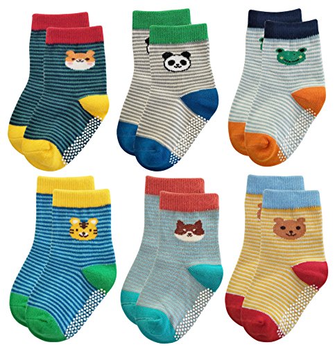 Deluxe Non Skid Anti Slip Slipper Cotton Crew Socks With Grips For Baby Toddlers Kids Boys (3-9 Months, 6 designs/set-3)