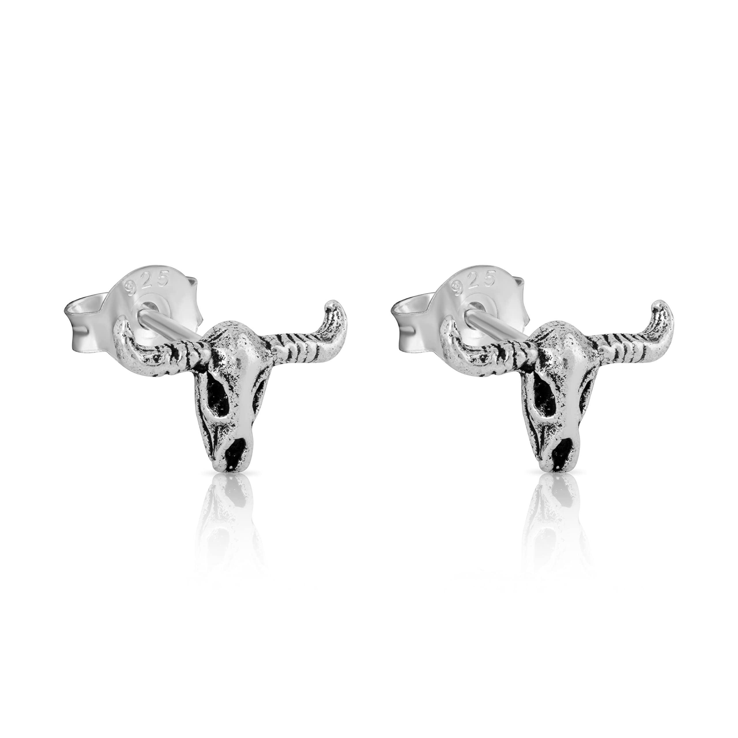 NKlaus Pair of Buffalo Skull Stud Earrings Gothic Motif 925 Sterling Silver Celtic 4316