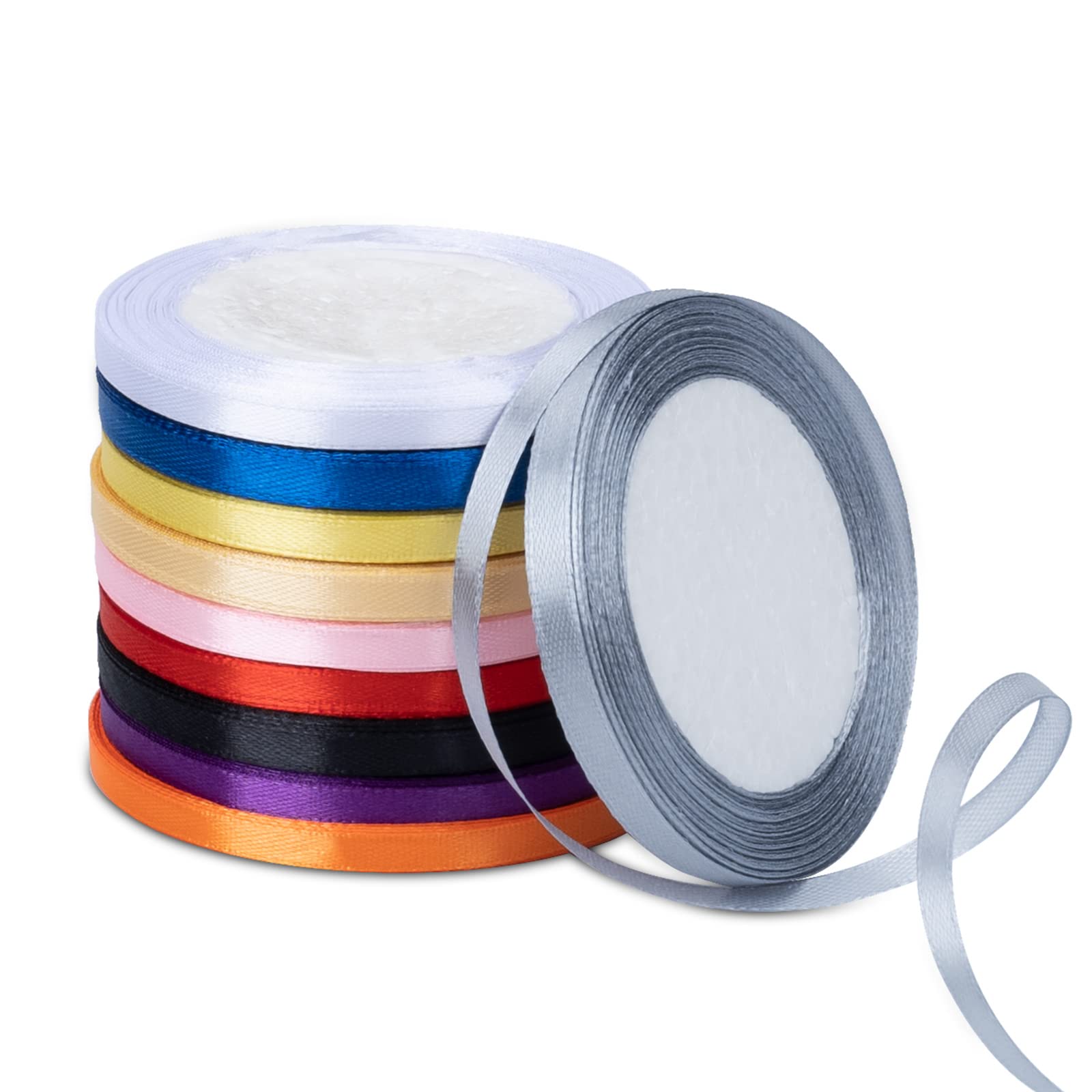 ‎AKHTART Double Faced Satin Ribbon - 10 Rolls/10 Colours, Polyester Ribbon, Fabric Ribbon for Gift Wrapping, Crafting, Balloons, Gift, Cake, Wedding, Party Decorations (6MM)