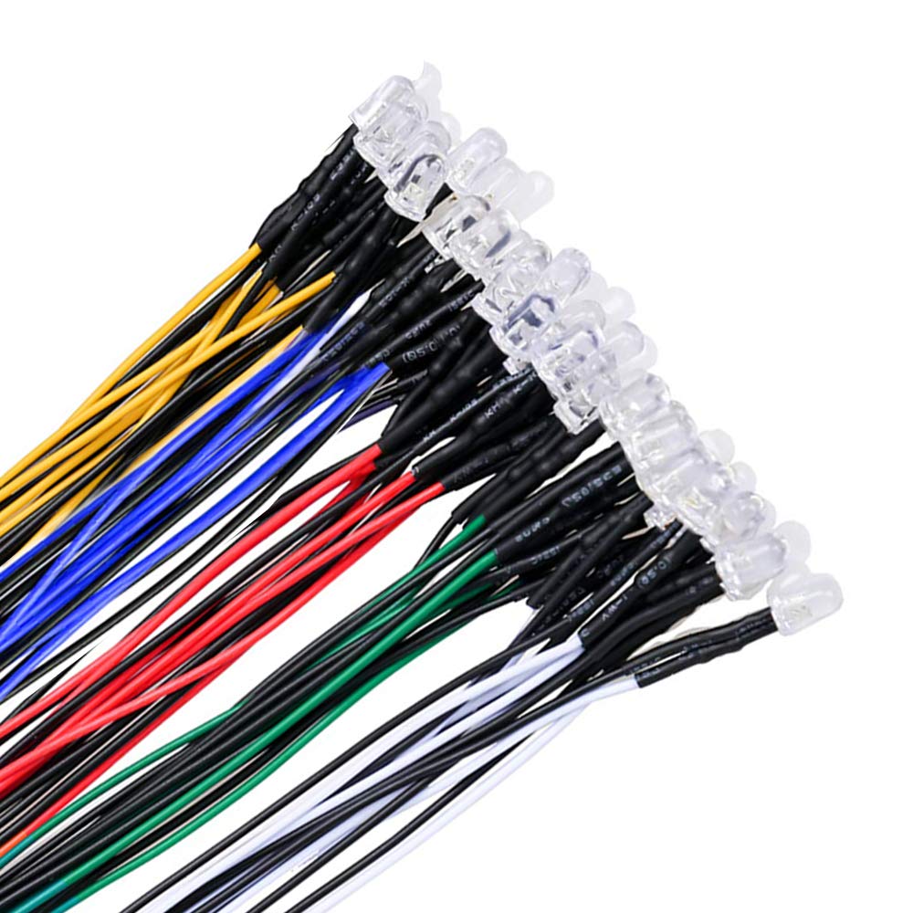 YIXISI 50 PCS 5mm LED Diodes Light, Ultra Bright 12V 20cm Pre Wired, White, Red, Blue, Green, Yellow