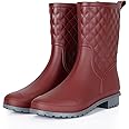 Petrass Women Rain Boots Black Waterproof Mid Calf Lightweight Cute Booties Fashion Out Work Comfortable Garden Shoes