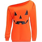 JNKLWPJS Women Halloween Off Shoulder Pullover Tops Long Sleeve Pumpkin Shirt Halloween Sweatshirt