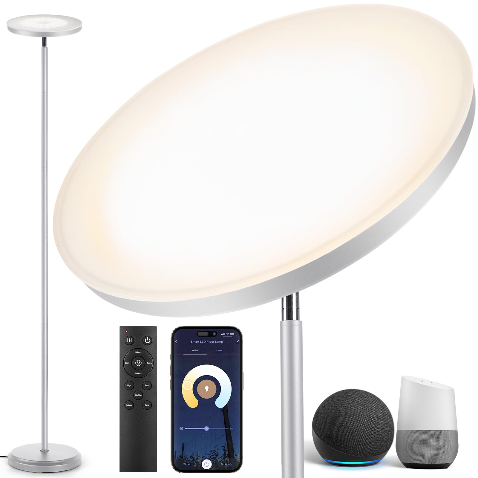 Photo 1 of OUTON Smart LED Floor Lamp, 30W/3000LM Dimmable Bright Torchiere Sky Lamp Compatible with Alexa Google Home, WiFi Remote, Tall Standing Lamp with 4 Color Temperature for Living Room Bedroom Office