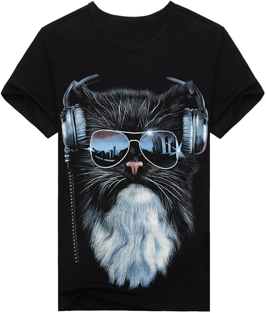 LHY Cool Cat T Shirt for Men Music Tee Animal Printing Tshirts Black 3XL Clothing