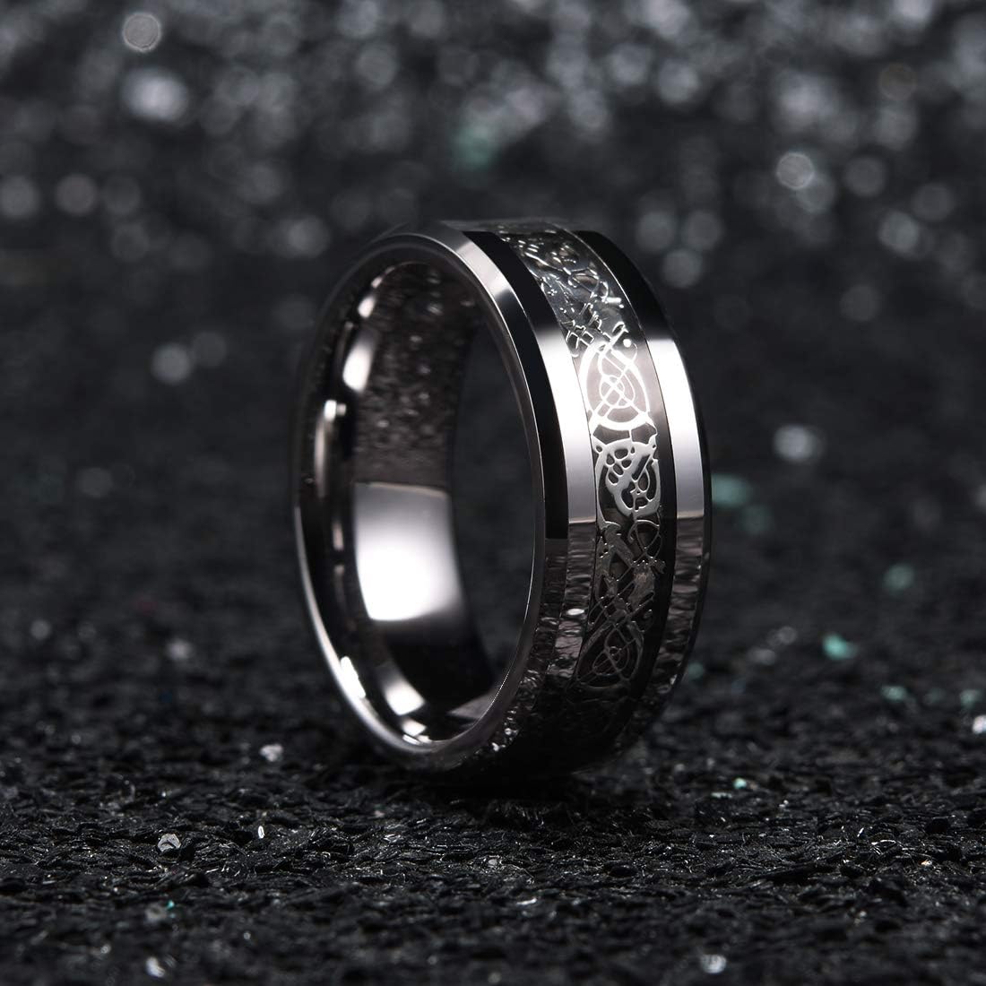 King Will DRAGON Men Tungsten Carbide Ring 8mm Silver/Blue/Black Celtic Dragon Wedding Band Polish Finish | 