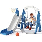 KORIMEFA 4-in-1 Toddler Slide and Swing Set, Indoor &amp; Outdoor Playground | Toddler Slide and Swingset with Climber, Basketball Hoop, Kids Climber Playset with Swing for 1-3, Blue