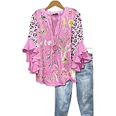 Women's Ruffle 3/4 Sleeve Summer Flowy V Neck Shirts Casual Vintage Floral Blouses Loose Tunic Tops Graphic Tees