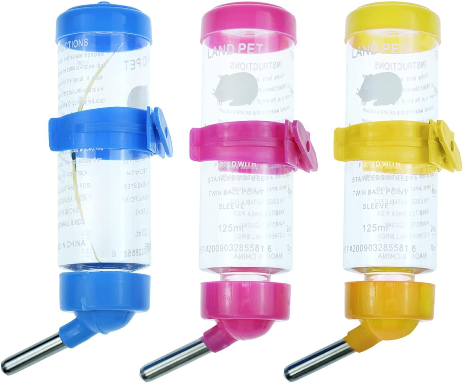 3 Pack Hamster Water Feeder Bottle, 125 ML No-Drip Small Animals Water Dispenser, Pet Hanging Water Bottle for Guinea Pigs, Bunny, Chinchillas, Rabbit