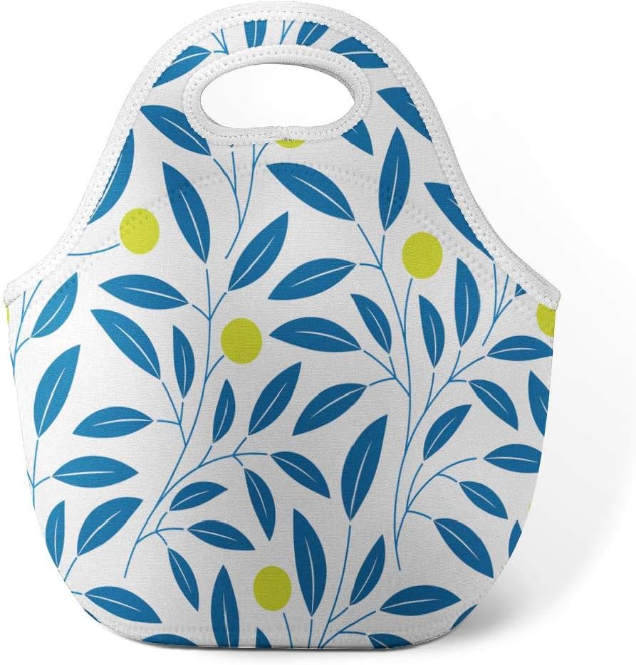 Blue Insulated Neoprene Lunch Bag KUMAIN with Blue Plants White Flower Yellow Abstract Reusable Lunch Tote Bag Waterproof Cooler Lunchbox Handbag for Adults Men Women,Blue White