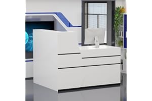 FAMAPY Modern Reception Desk Counter Desk for Retail & Checkout, Front Counter Table, L-Shaped, Black Tapes, for Office Boutique Lobby White (55.1”W x 23.6”D x 43.3”H)