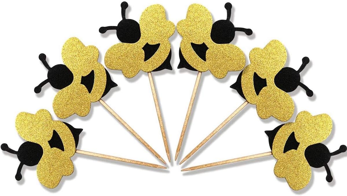 30-pack Glitter Bumble Bee Cupcake Toppers, Baby Bee Gender Reveal Baby Shower Birthday Party Cake Decorations Supplies