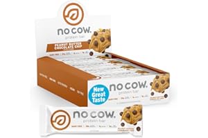 No Cow Vegan Protein Bars, Upgraded Peanut Butter Chocolate Chip | 20g Plant Based Protein, Gluten Free, Dairy Free, Soy Free, Keto Friendly, Low Sugar, High Fiber Snack Bars | Pack of 12