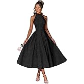 EBAKUS Floral Satin Jacquard Prom Dresses 2026 Halter A-Line Tea Length Midi Formal Evening Party Gown with Pockets for Women