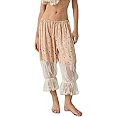 KOSUSANILL Women Long Bloomer Pants Lace Trim Ruffle Pantaloons Cropped Lounge Pajama Bottoms Y2K Capri Pettipants