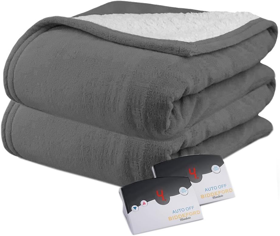 Biddeford 2063-9052140-902 MicroPlush Sherpa Electric Heated Blanket Queen Grey