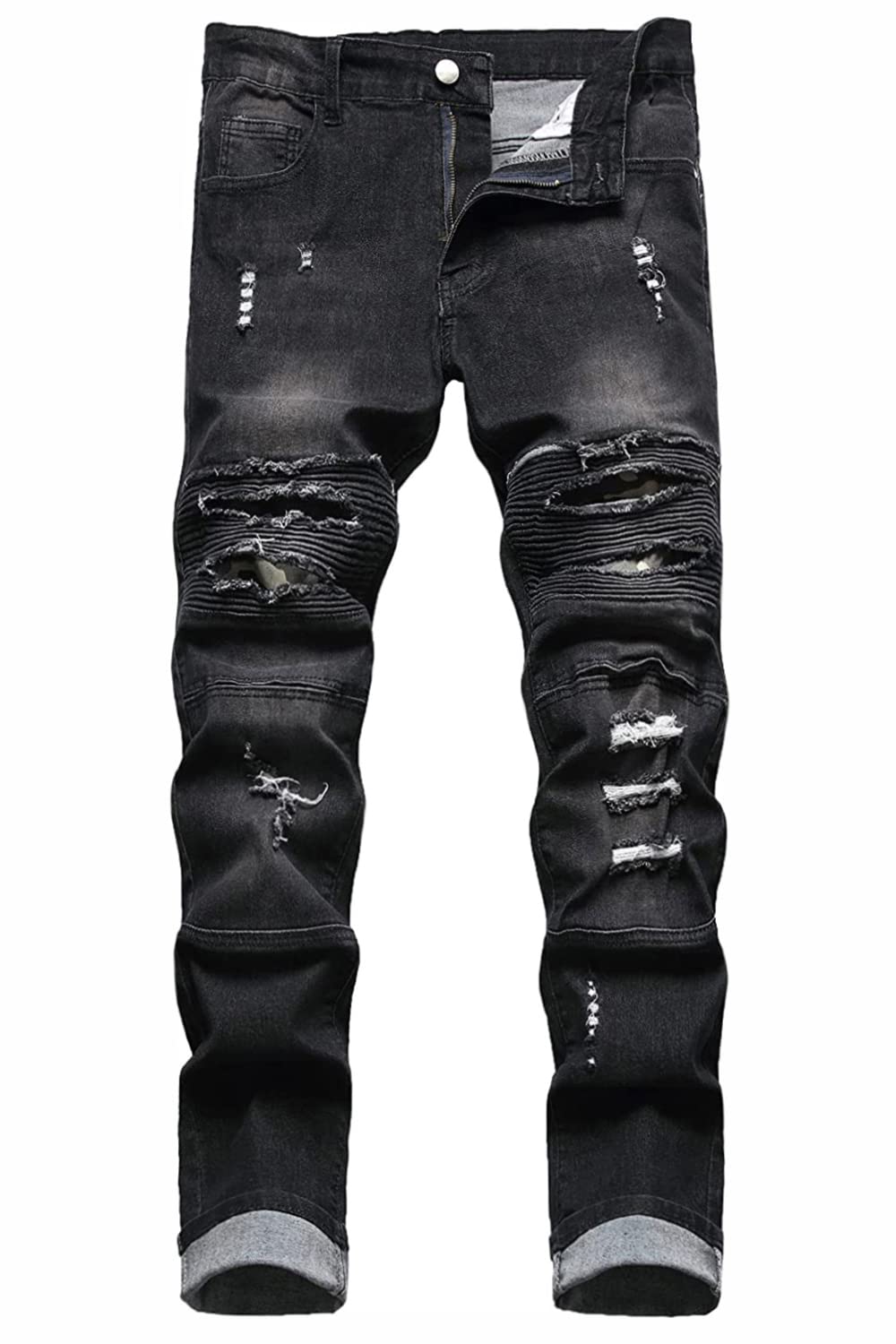 Baylvn Men's Designer Straight Slim Fit Patchwork Jeans Comfort Skinny Biker Denim Pants