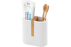 rejomiik Matte White Toothbrush Holders Electric Toothbrush Holder for Bathrooms, Bamboo Tooth Brushing and Toothpaste Storage Organizer for Sink, Countertop