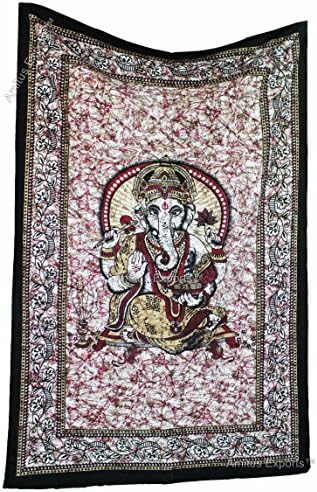 Amitus Exports(TM) Premium Quality 1 X Lord Ganesha 82"x 54"(Approx.) Inches Maroon Brown Color Cotton Fabric Tapestry Hippy Indian Mandala Throws (Handmade In India)