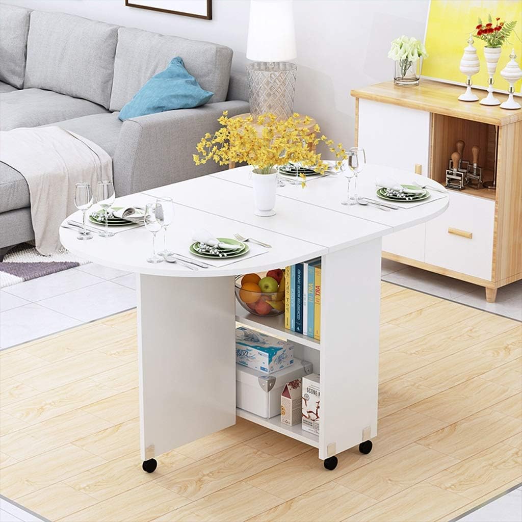 CXF- Tables Round Folding Table with Pulleys, Mobile Dining Table Home Office Furniture and Drawer Lockers (Color : White)