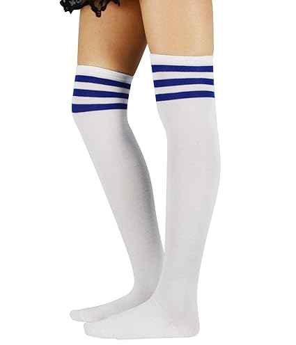 Durio Kniestrümpfe Damen Weiß mit 3 Streifen Overknee Strümpfe Gestreifte Socken Überknie Strümpfe Extra Lang Mädchen