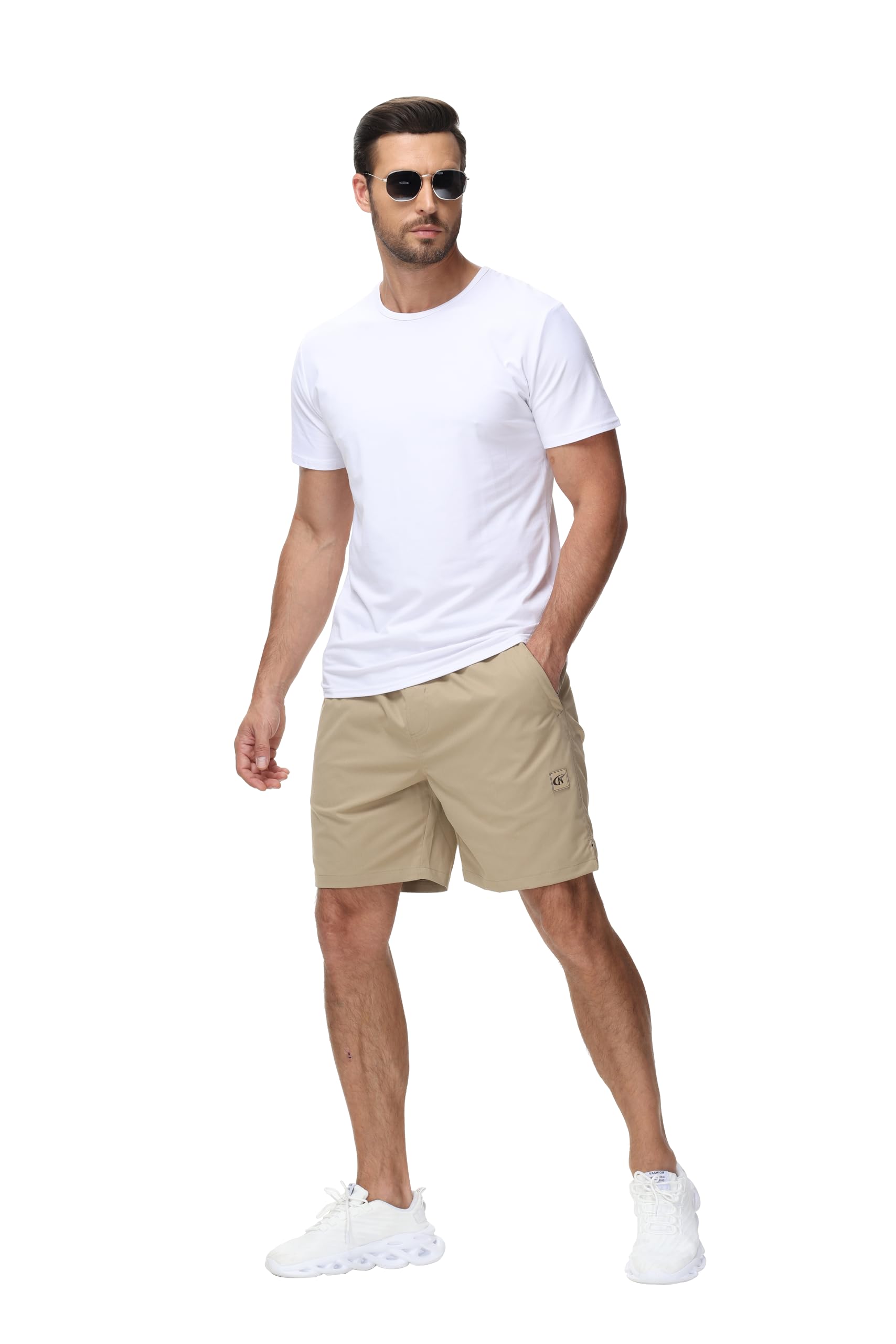 YuKaiChen Lässige Shorts Herren Kurze Hosen Sommer Klassische Twill Tunnelzug Stretch Elastische Taille mit Reißverschlusstaschen Größe L Khaki 5