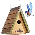 A Frame Wren House - Handcrafted Cedar Wood Bird House with Rustic Shingles Roof & Stainless Steel Hanging Cables | Outdoor Garden Decor for Wrens and Small Birds