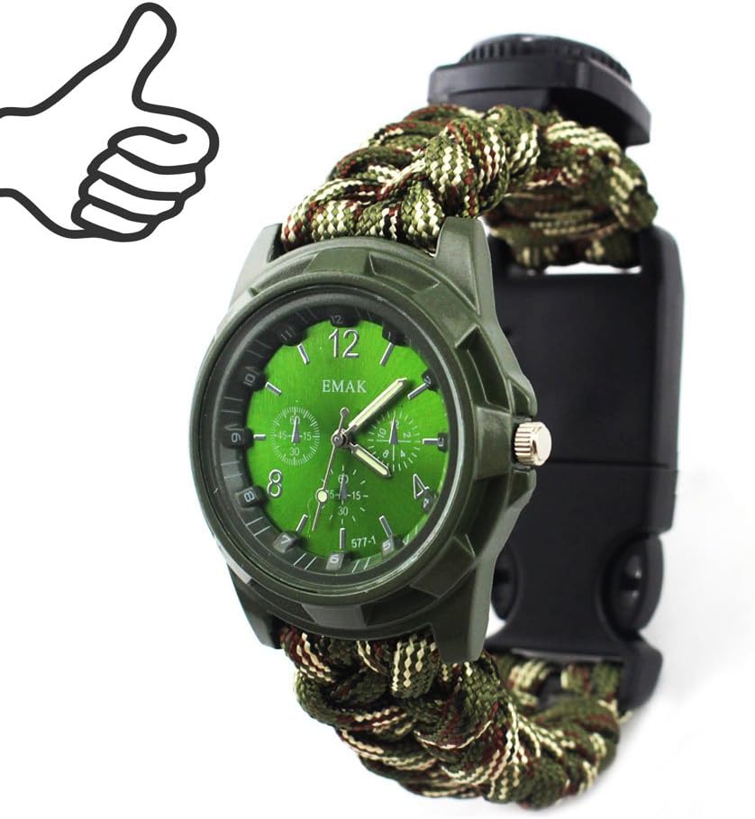 Ibreathtech Useful Paracord Survival Watch, Digital Watch+ Paracord+Whistle+Compass+Thermometer+Fire Starter +Blade, 7 in 1 Paracord Watch (Camo)