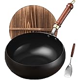 UMETRE Carbon Steel Wok Pan, 10.2" Woks & Stir-Fry Pans with Wooden Lid Cookwares, Nonstick Wok Flat Bottom Small Handmade Chinese Wok For for All Stoves