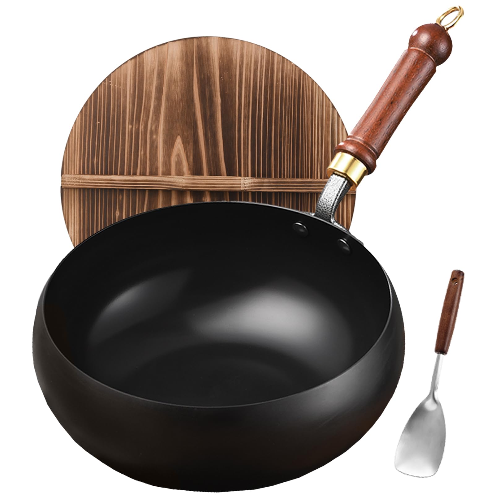 Photo 1 of UMETRE Carbon Steel Wok Pan, 10.2" Woks & Stir-Fry Pans with Wooden Lid Cookwares, Nonstick Wok Flat Bottom Small Handmade Chinese Wok For for All Stoves