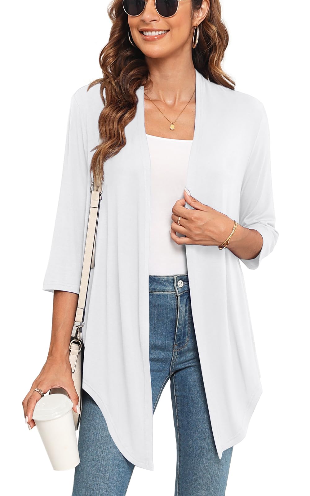 Photo 1 of Veryoung White Cardigan for Women Trendy Lightweight Summer Cardigan Vest Casual Draped Open Front 3/4 Sleeve Cardigan Shrugs for Women 2025,White,S