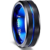 Greenpod Mens Tungsten Ring Wedding Band 6mm 8mm 10mm Engraved I Love You Thin Blue/Black Centre Groove Comfort Fit Size 6-17